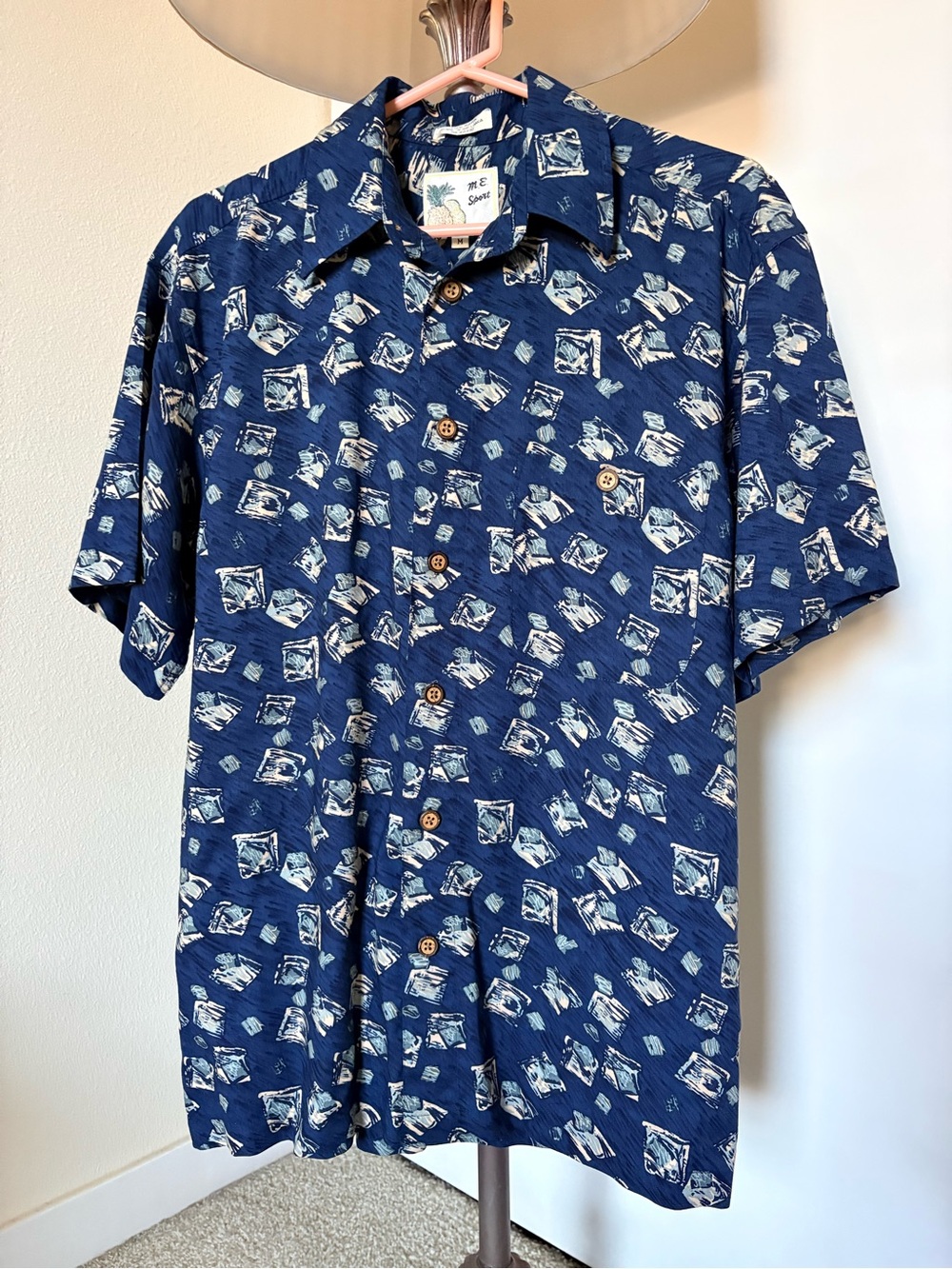 Vintage M.E. Sport Abstract Hawaiian Shirt Navy Blue Size M